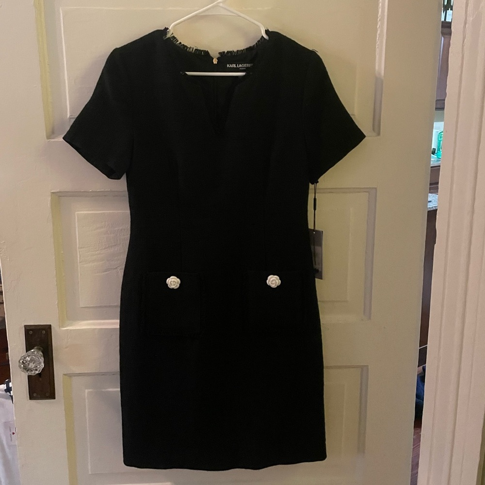 Karl Lagerfeld black shell dress with flower accent. NWT.